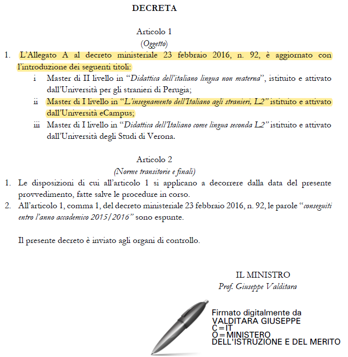 decreto istituzione master L2 E-campus